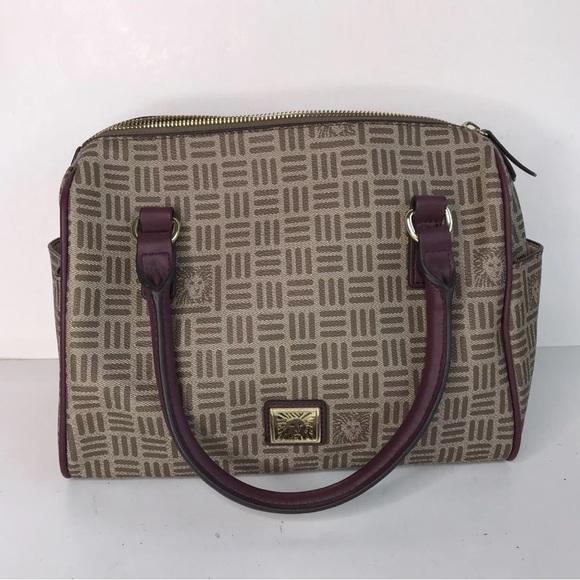 Anne Klein Lion Logo Duffle Handbag Purse Brown & Burgundy 11” W Oxblood - Picture 1 of 5